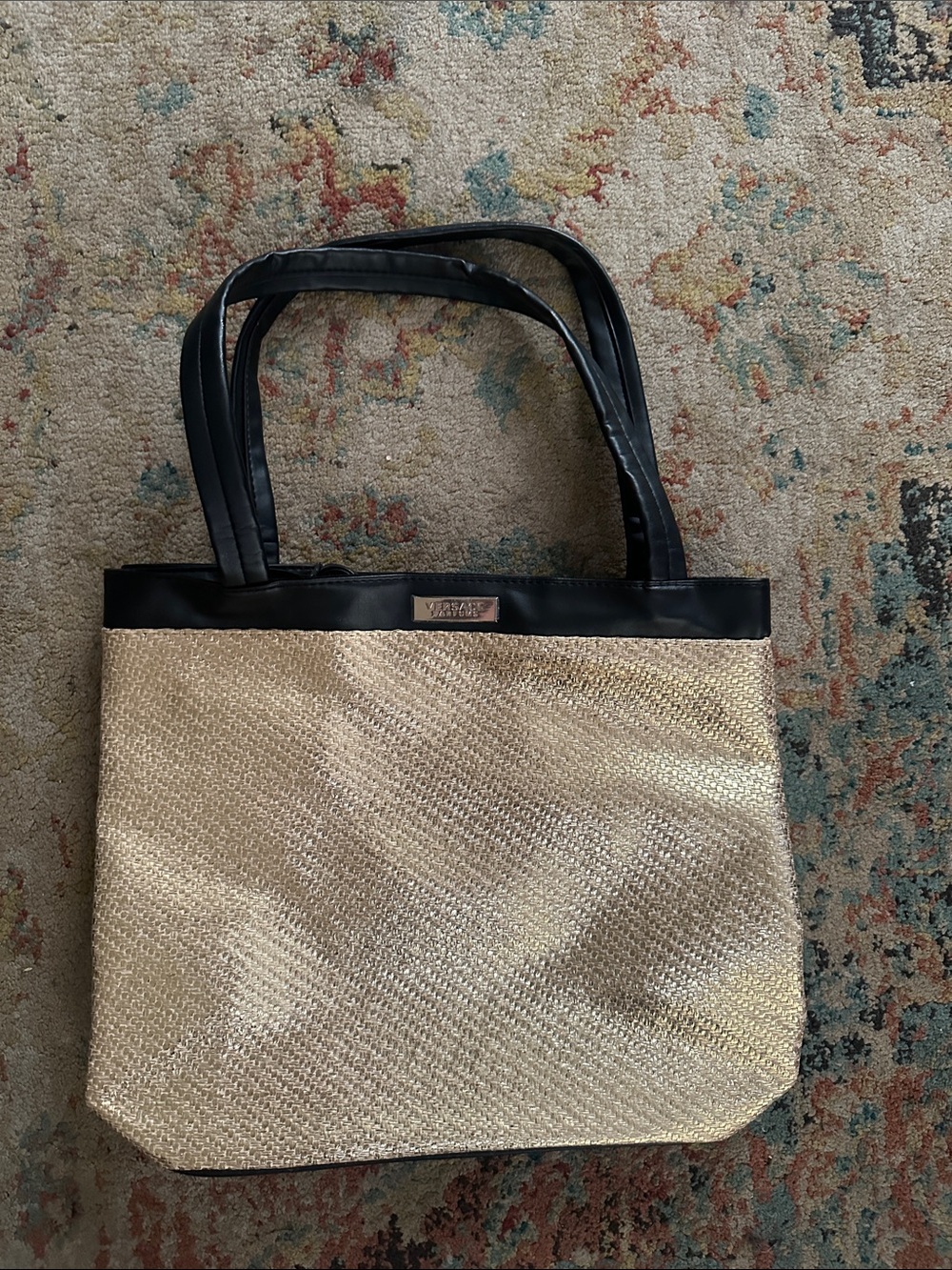 Versace Parfums Gold Woven Tote with Black Trim